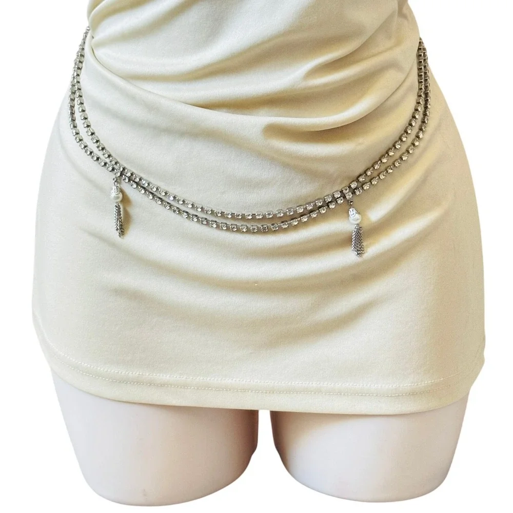 VTG rhinestone silver tone chain fringe Belt Necklace pearl tassel statement 38